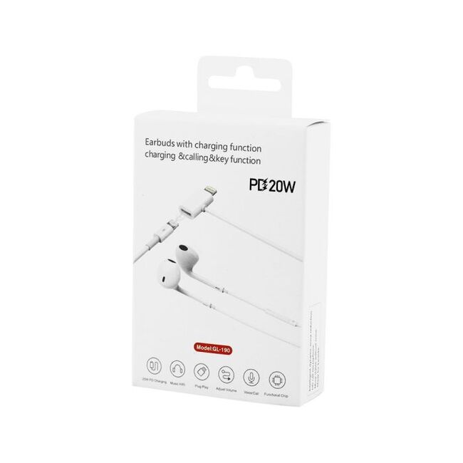 Lightning wired earphones for iPhone with 20W pass-through charging port, retail box