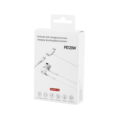 Lightning wired earphones for iPhone with 20W pass-through charging port, retail box