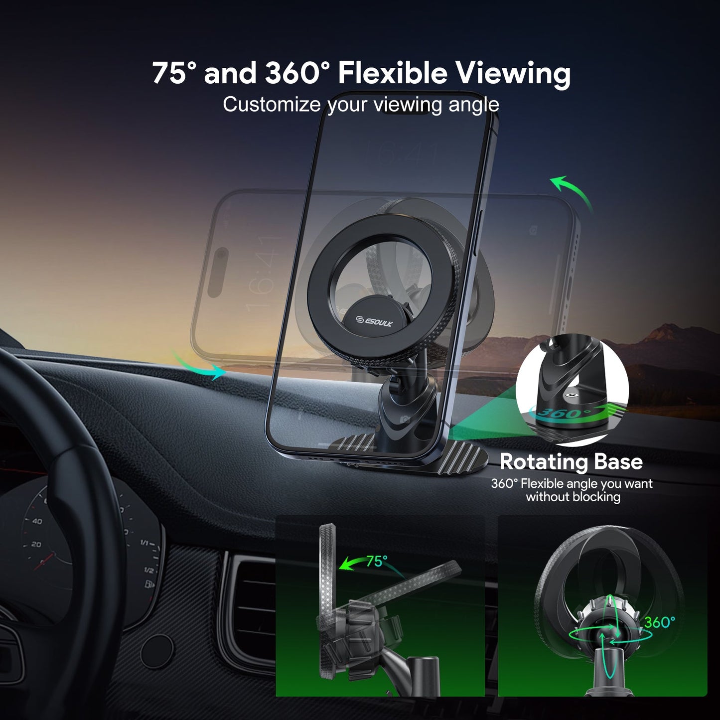 ESOULK dashboard magnetic car phone mount – angle view