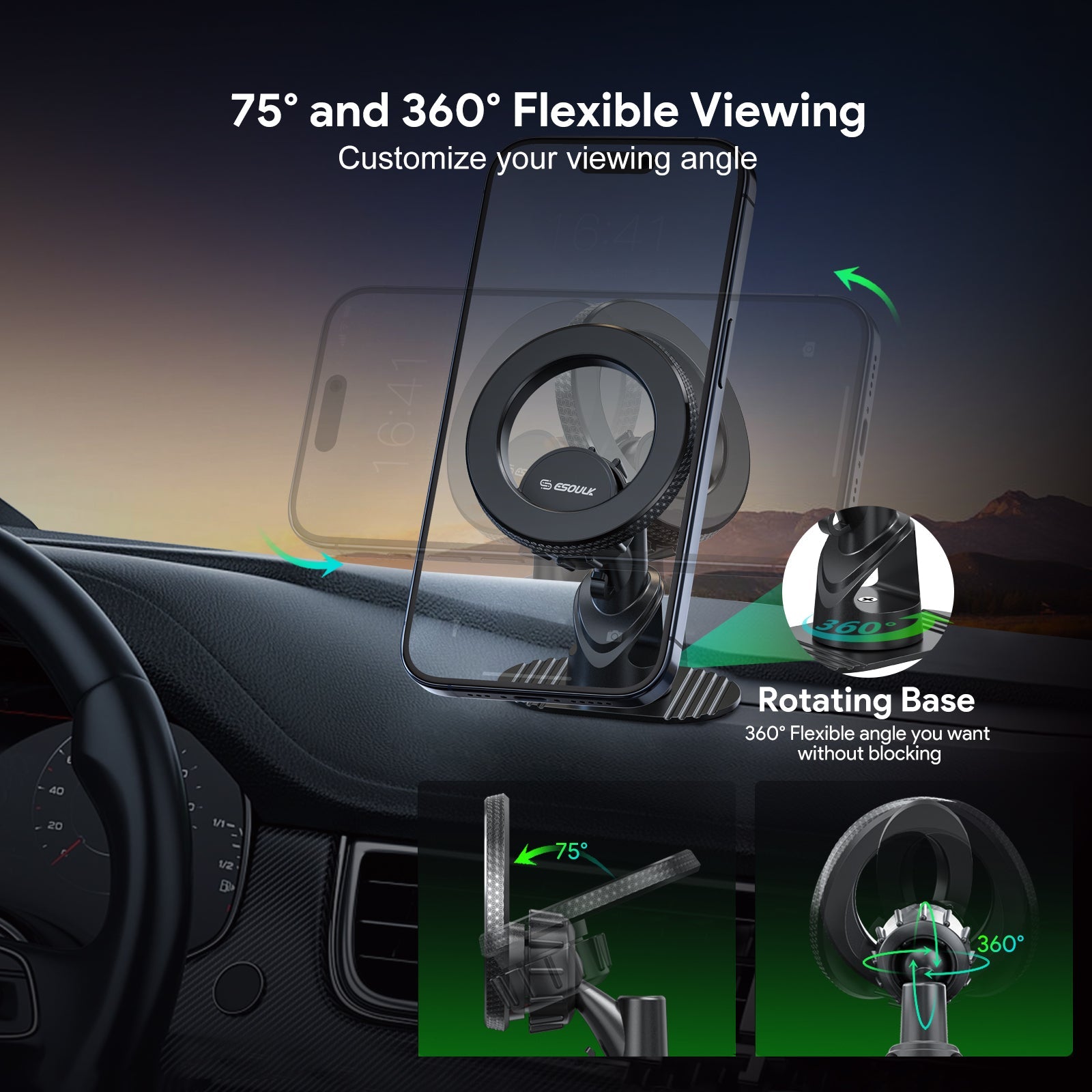 ESOULK dashboard magnetic car phone mount – angle view