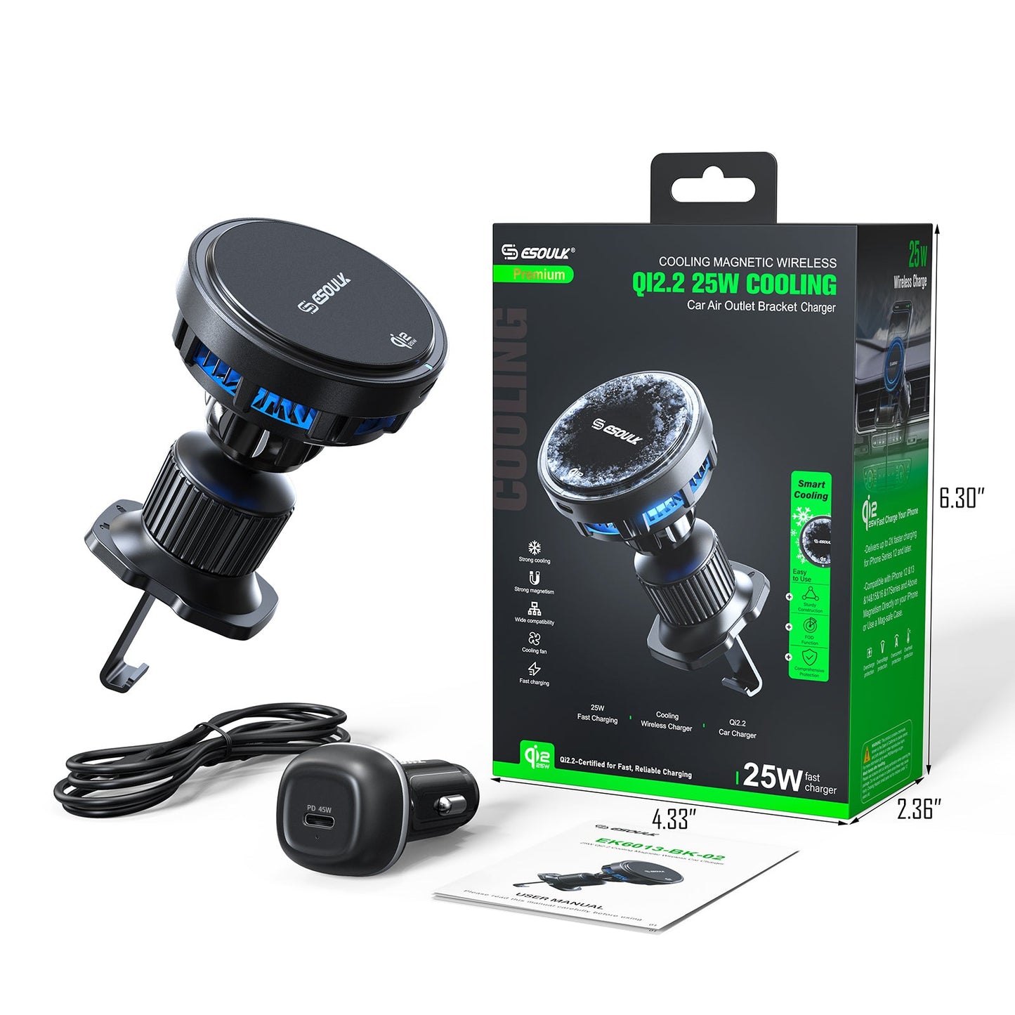 ESOULK 25W Qi2.2 magnetic wireless car charger with air vent mount – active cooling fan and LED ring detail