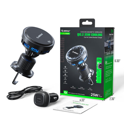 ESOULK 25W Qi2.2 magnetic wireless car charger with air vent mount – active cooling fan and LED ring detail