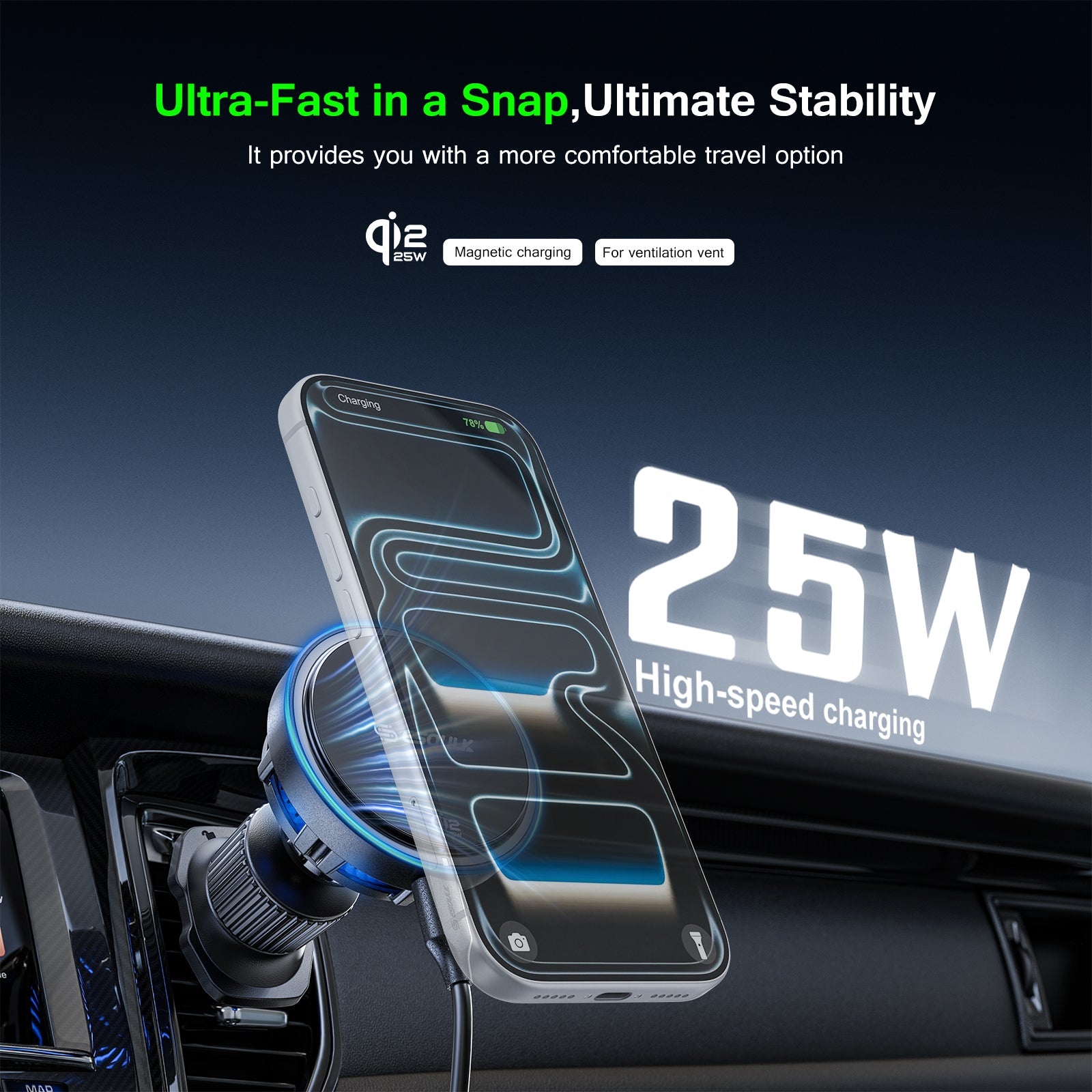 ESOULK 25W Qi2.2 magnetic wireless car charger with air vent mount – close-up of the magnetic charging pad