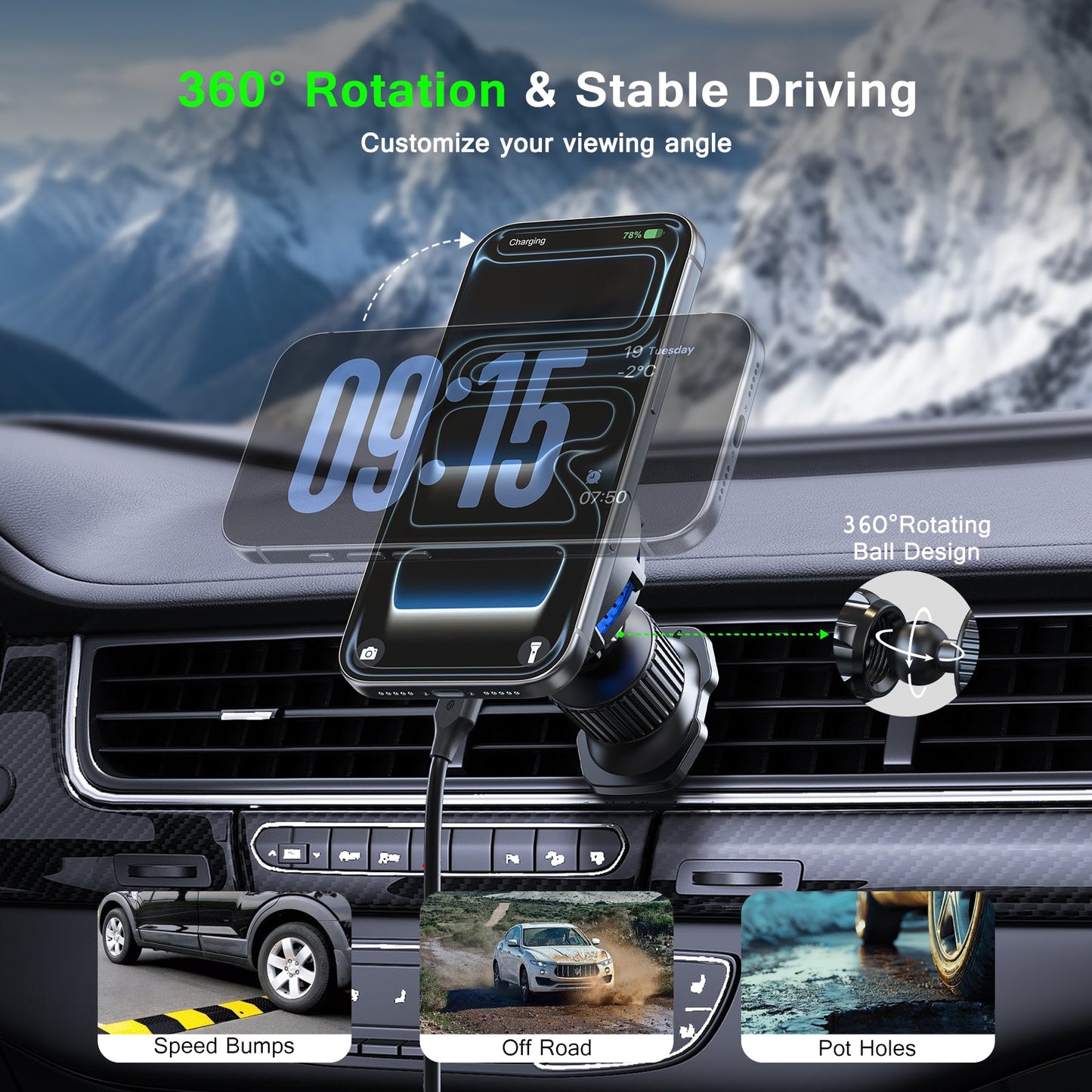 ESOULK 25W Qi2.2 magnetic wireless car charger with air vent mount – adjustable mounting detail
