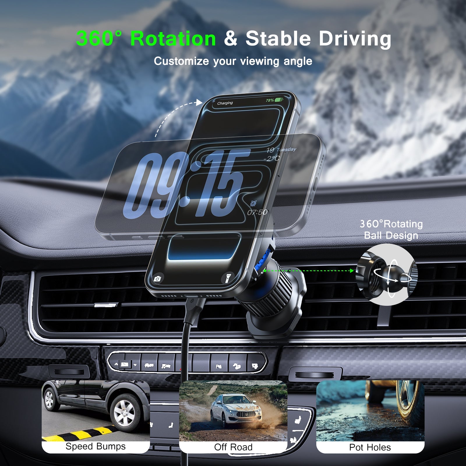 ESOULK 25W Qi2.2 magnetic wireless car charger with air vent mount – adjustable mounting detail