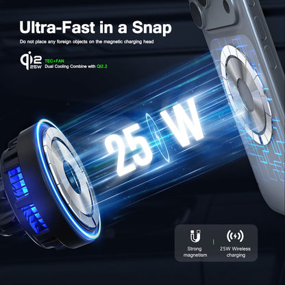 ESOULK 25W Qi2.2 magnetic wireless car charger with adjustable cup holder mount – close-up of the magnetic charging pad