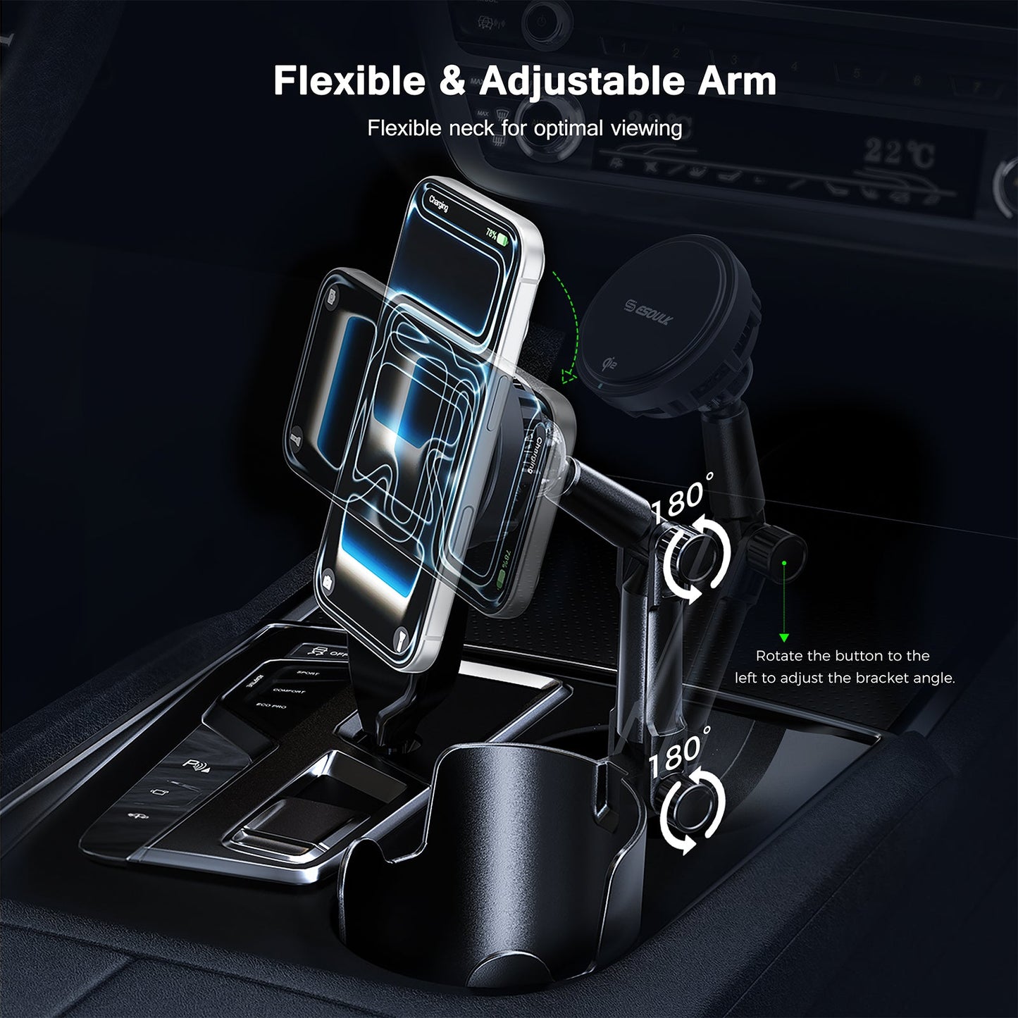 ESOULK 25W Qi2.2 magnetic wireless car charger with adjustable cup holder mount – mounted in a car