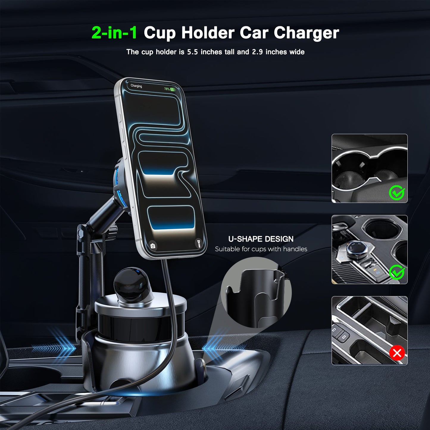 ESOULK 25W Qi2.2 magnetic wireless car charger with adjustable cup holder mount – adjustable mounting detail