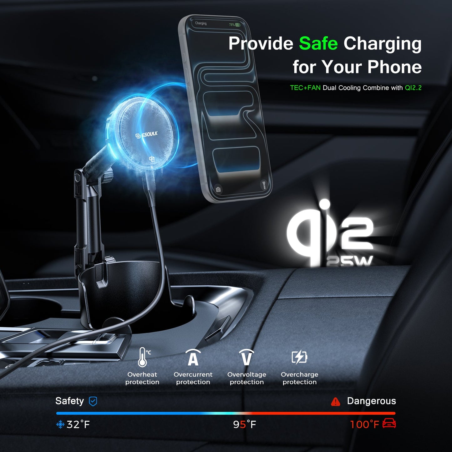 ESOULK 25W Qi2.2 magnetic wireless car charger with adjustable cup holder mount – side profile view