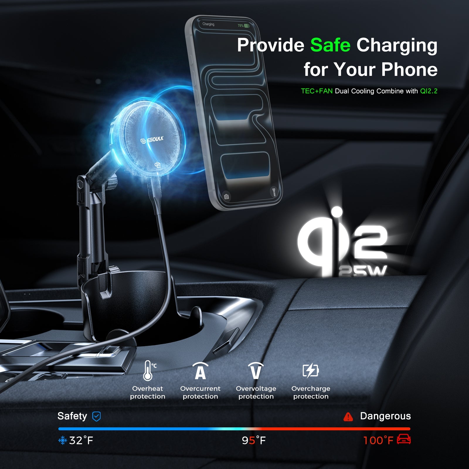 ESOULK 25W Qi2.2 magnetic wireless car charger with adjustable cup holder mount – side profile view