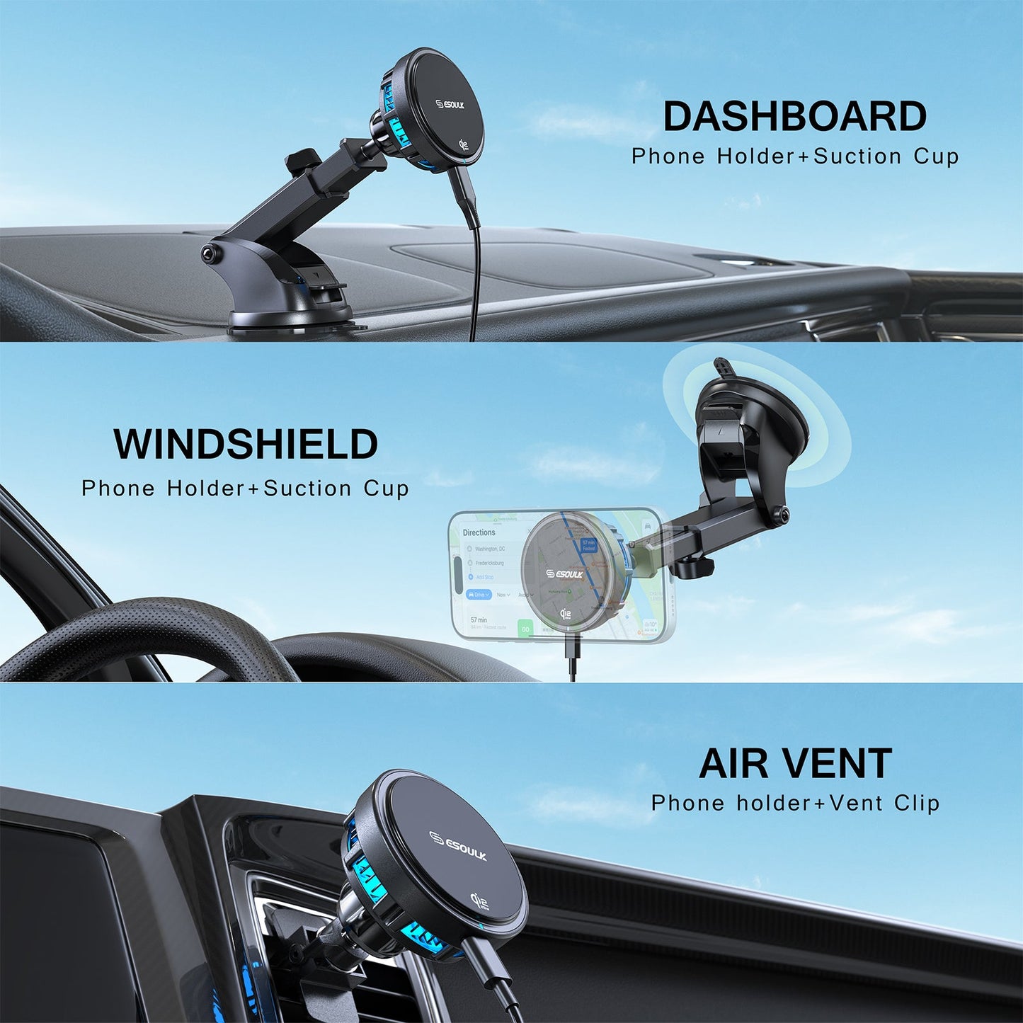 ESOULK 25W Qi2.2 magnetic wireless car charger with dashboard and windshield mount – feature overview