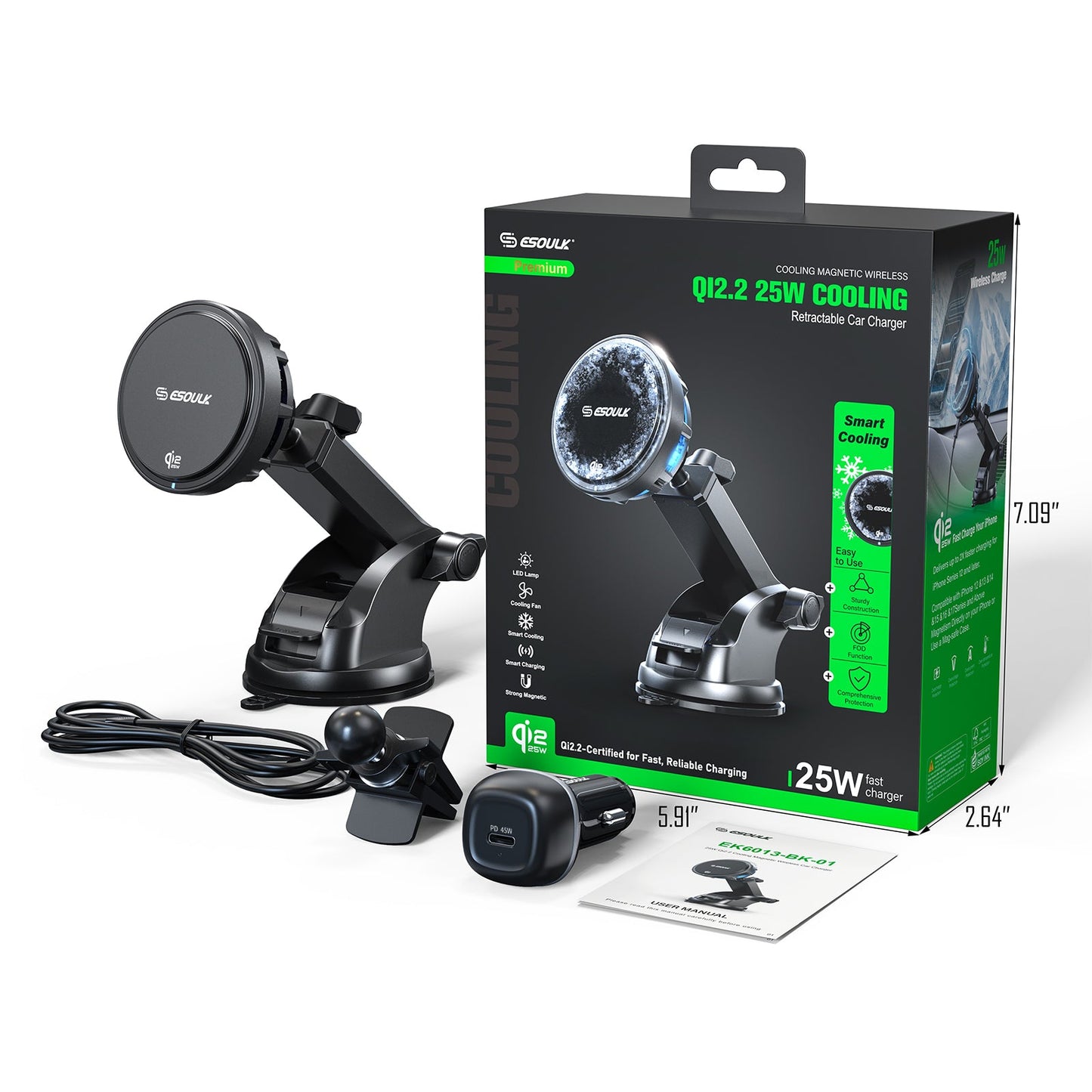 ESOULK 25W Qi2.2 magnetic wireless car charger with dashboard and windshield mount – active cooling fan and LED ring detail