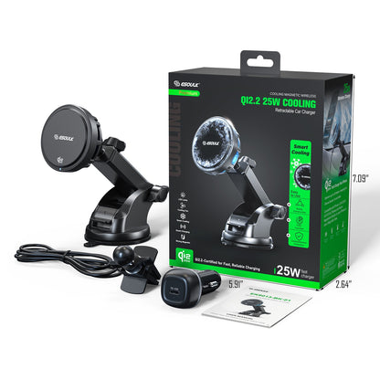 ESOULK 25W Qi2.2 magnetic wireless car charger with dashboard and windshield mount – active cooling fan and LED ring detail