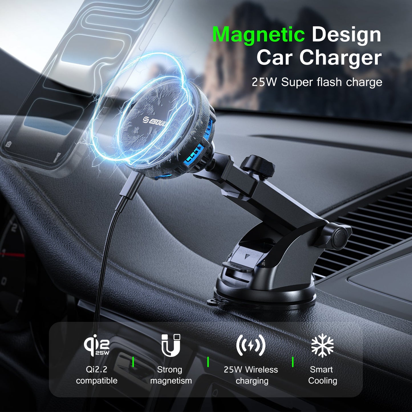 ESOULK 25W Qi2.2 magnetic wireless car charger with dashboard and windshield mount – close-up of the magnetic charging pad