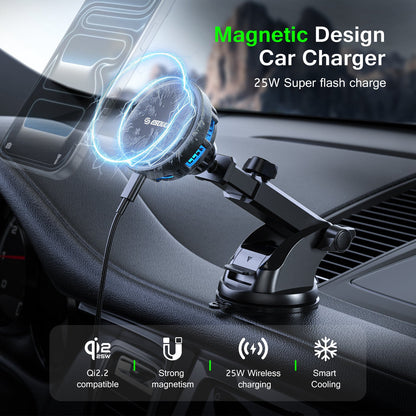 ESOULK 25W Qi2.2 magnetic wireless car charger with dashboard and windshield mount – close-up of the magnetic charging pad