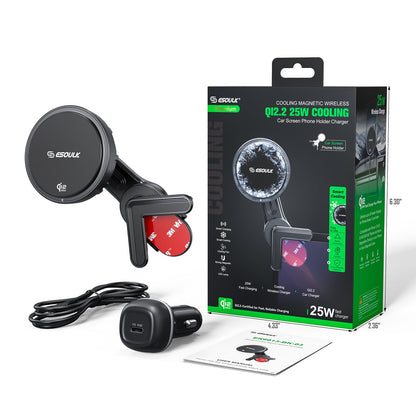 ESOULK 25W Qi2.2 magnetic wireless car charger with Tesla center-screen mount – active cooling fan and LED ring detail