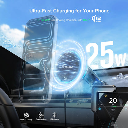 ESOULK 25W Qi2.2 magnetic wireless car charger with Tesla center-screen mount – close-up of the magnetic charging pad