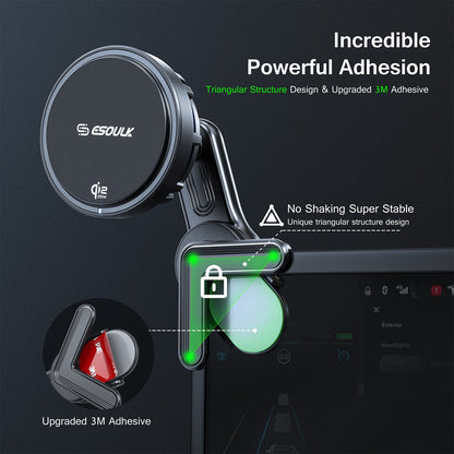 ESOULK 25W Qi2.2 magnetic wireless car charger with Tesla center-screen mount – adjustable mounting detail