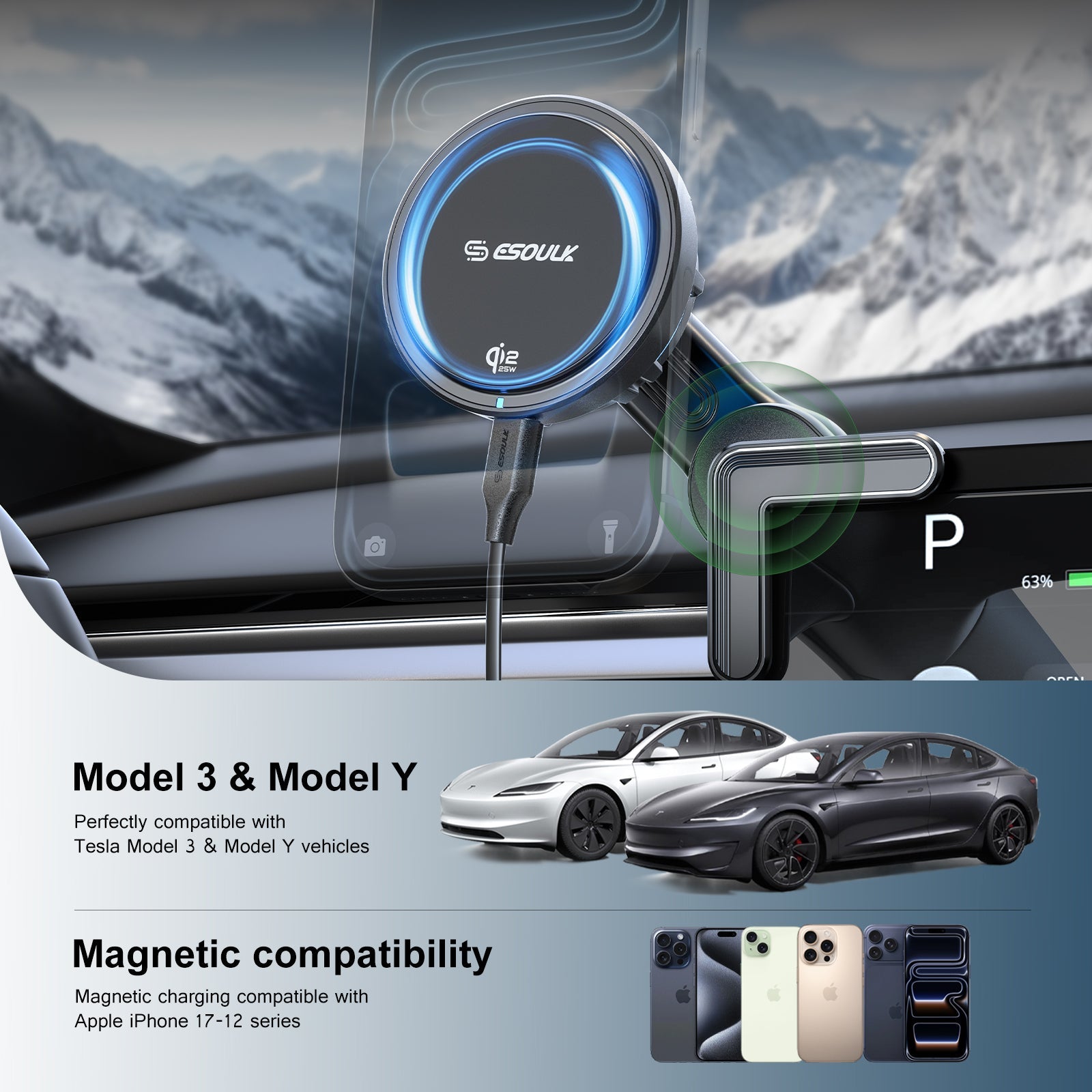 ESOULK 25W Qi2.2 magnetic wireless car charger with Tesla center-screen mount – what's in the box