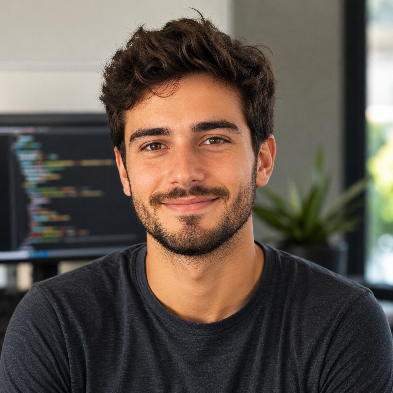 Smiling technician with dark curly hair in front of a code-filled monitor
