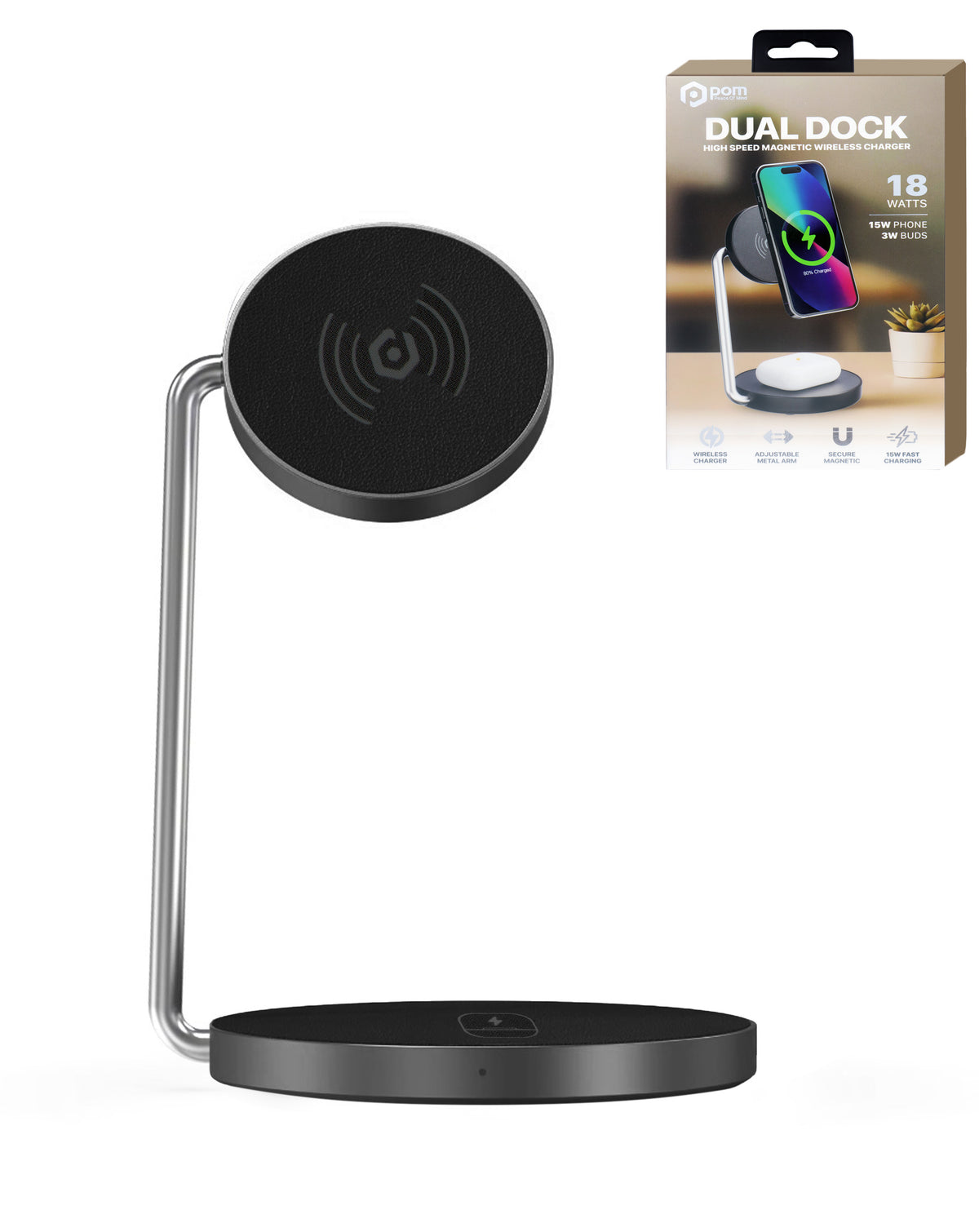 POM Dual Dock 2-in-1 magnetic wireless charging stand in black with its retail box
