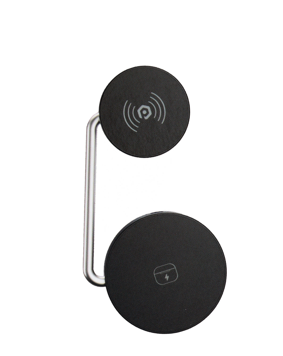 POM Dual Dock front view: magnetic 15W charging head on a metal arm above the AirPods charging pad