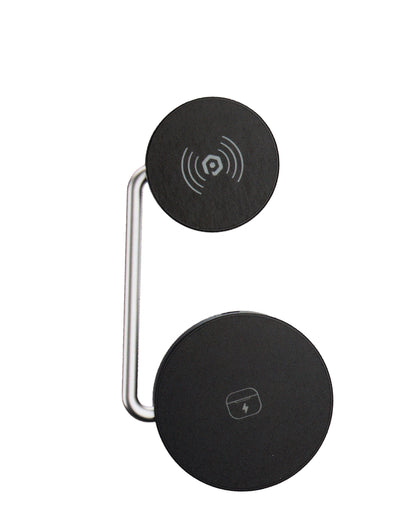 POM Dual Dock front view: magnetic 15W charging head on a metal arm above the AirPods charging pad