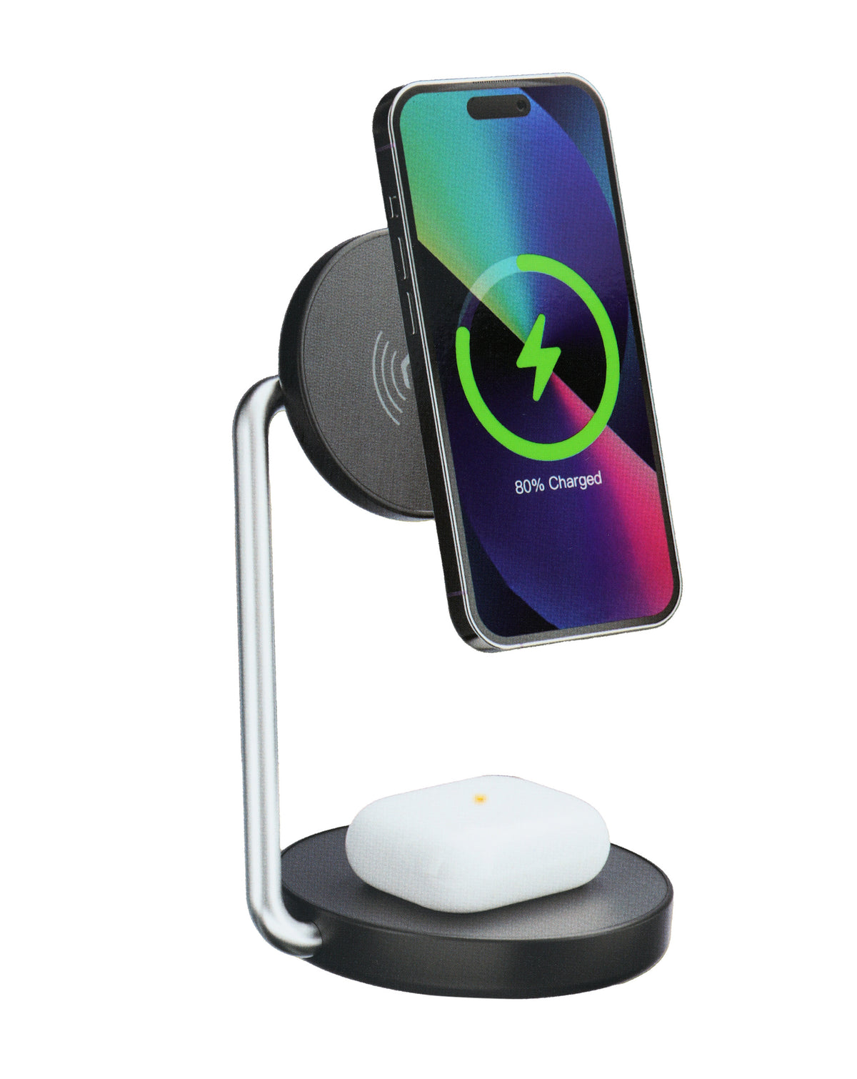 POM Dual Dock charging an iPhone on the magnetic head and AirPods on the base pad
