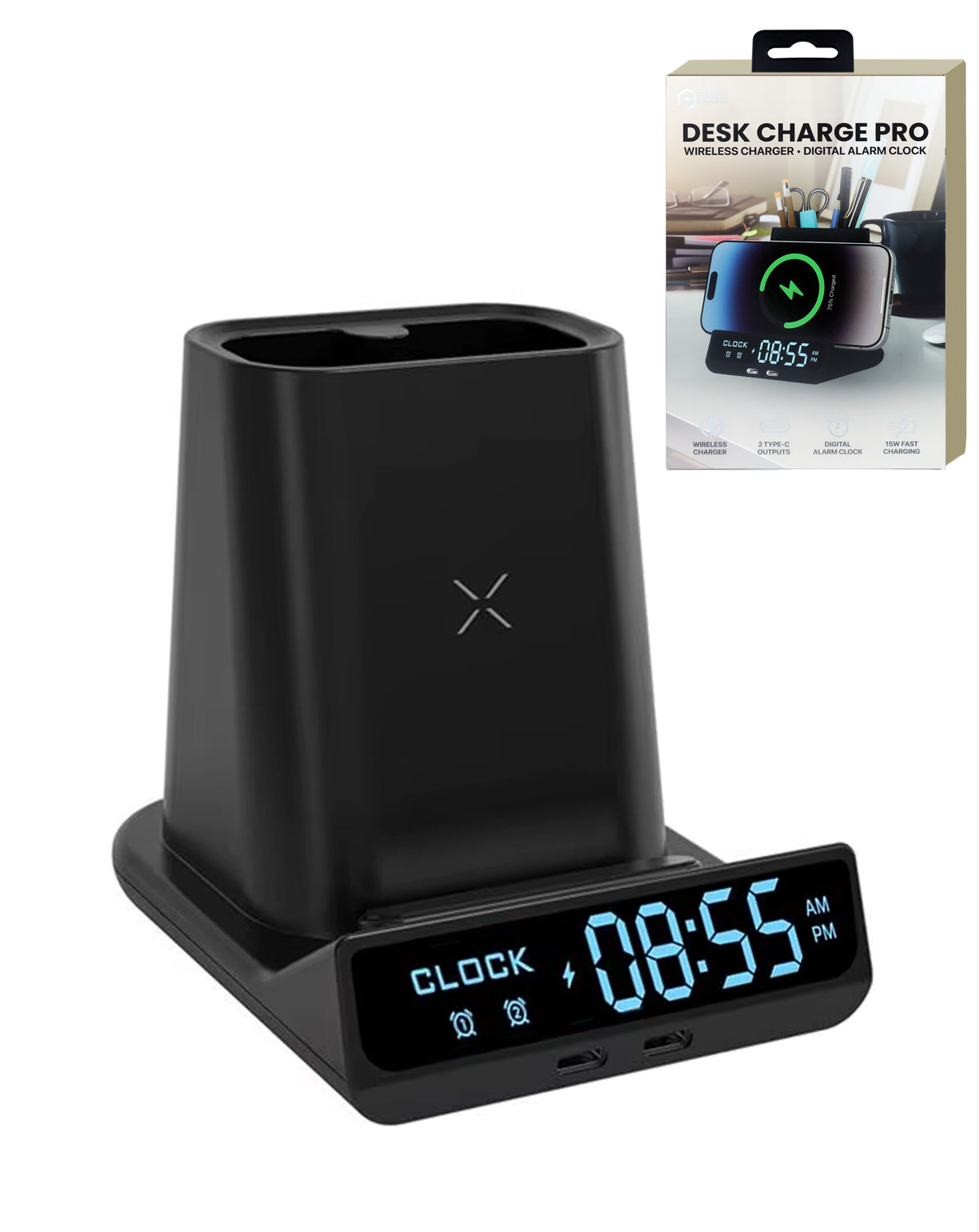 POM Desk Charge Pro black wireless charger with alarm clock and pen holder, shown with its retail box
