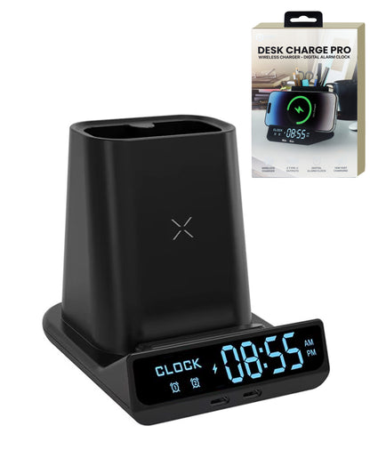 POM Desk Charge Pro black wireless charger with alarm clock and pen holder, shown with its retail box