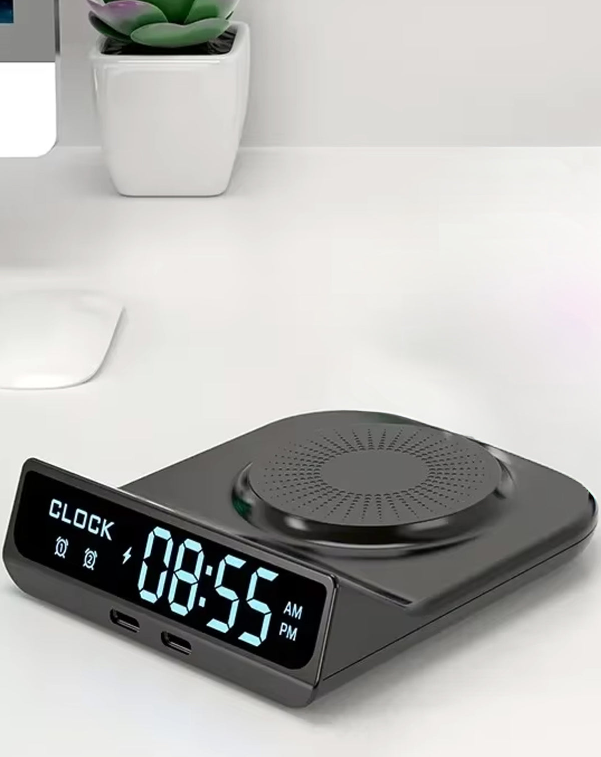 POM Desk Charge Pro top view showing the 15W wireless charging pad and the clock display with two USB-C ports