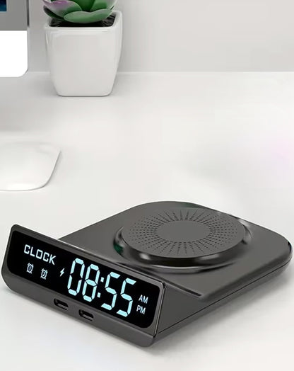 POM Desk Charge Pro top view showing the 15W wireless charging pad and the clock display with two USB-C ports