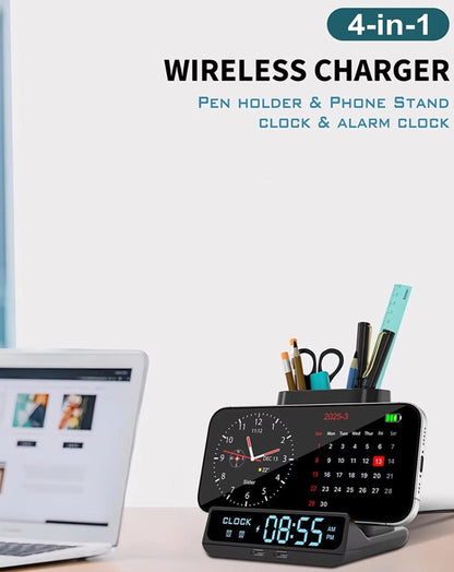 POM Desk Charge Pro infographic: 4-in-1 wireless charger, pen holder and phone stand, clock and alarm clock