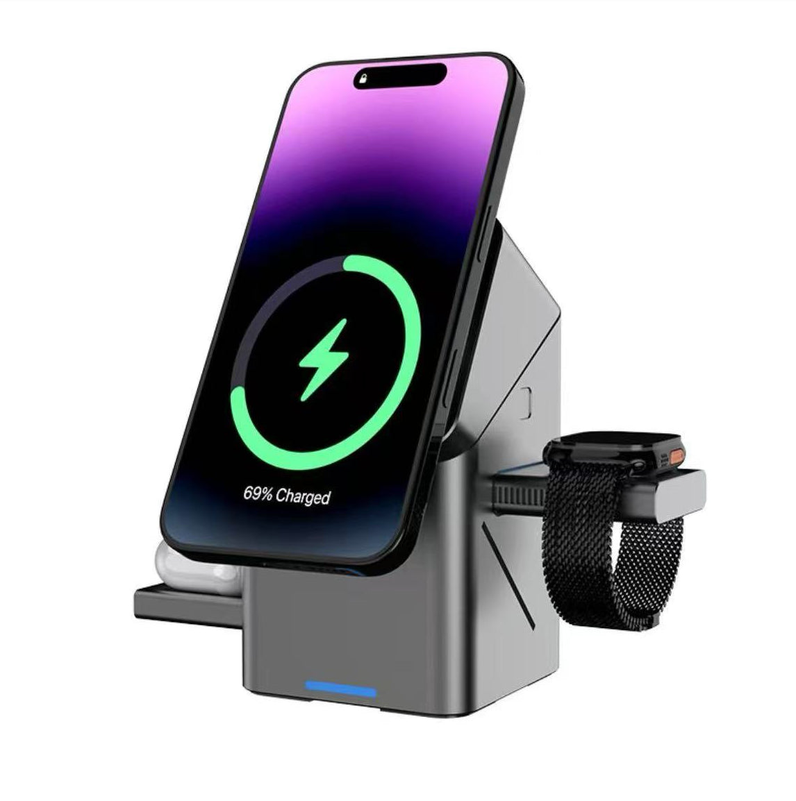 Mello 3-in-1 Magnetic Wireless Charger – Desktop MagSafe Charging Station for iPhone, Apple Watch & AirPods, Gray - Pro iPhone Repair