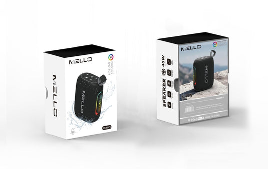 Mello Dash Mini Bluetooth Speaker – Pocket Wireless Speaker with RGB Accent, Black – retail box with product photo