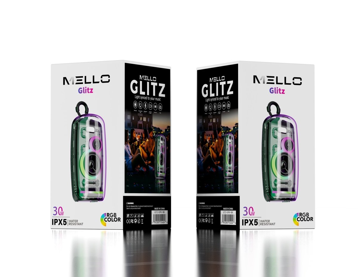 Mello Glitz 30W Transparent Bluetooth Speaker – See-Through IPX5 RGB Speaker with Clip Loop – stacked retail boxes