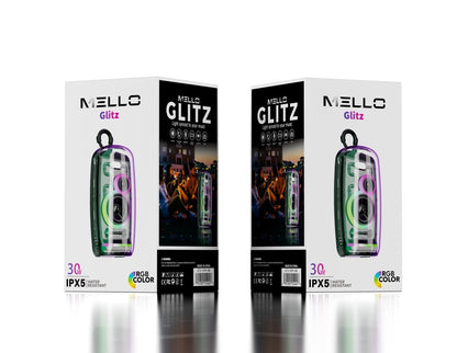 Mello Glitz 30W Transparent Bluetooth Speaker – See-Through IPX5 RGB Speaker with Clip Loop – stacked retail boxes
