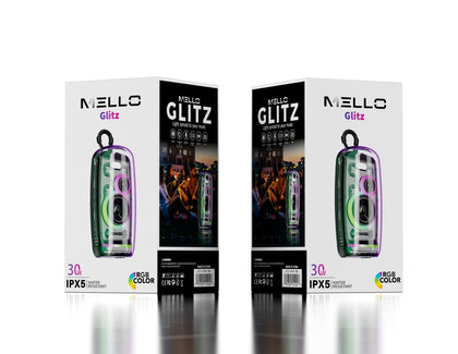 Mello Glitz 30W Transparent Bluetooth Speaker – See-Through IPX5 RGB Speaker with Clip Loop