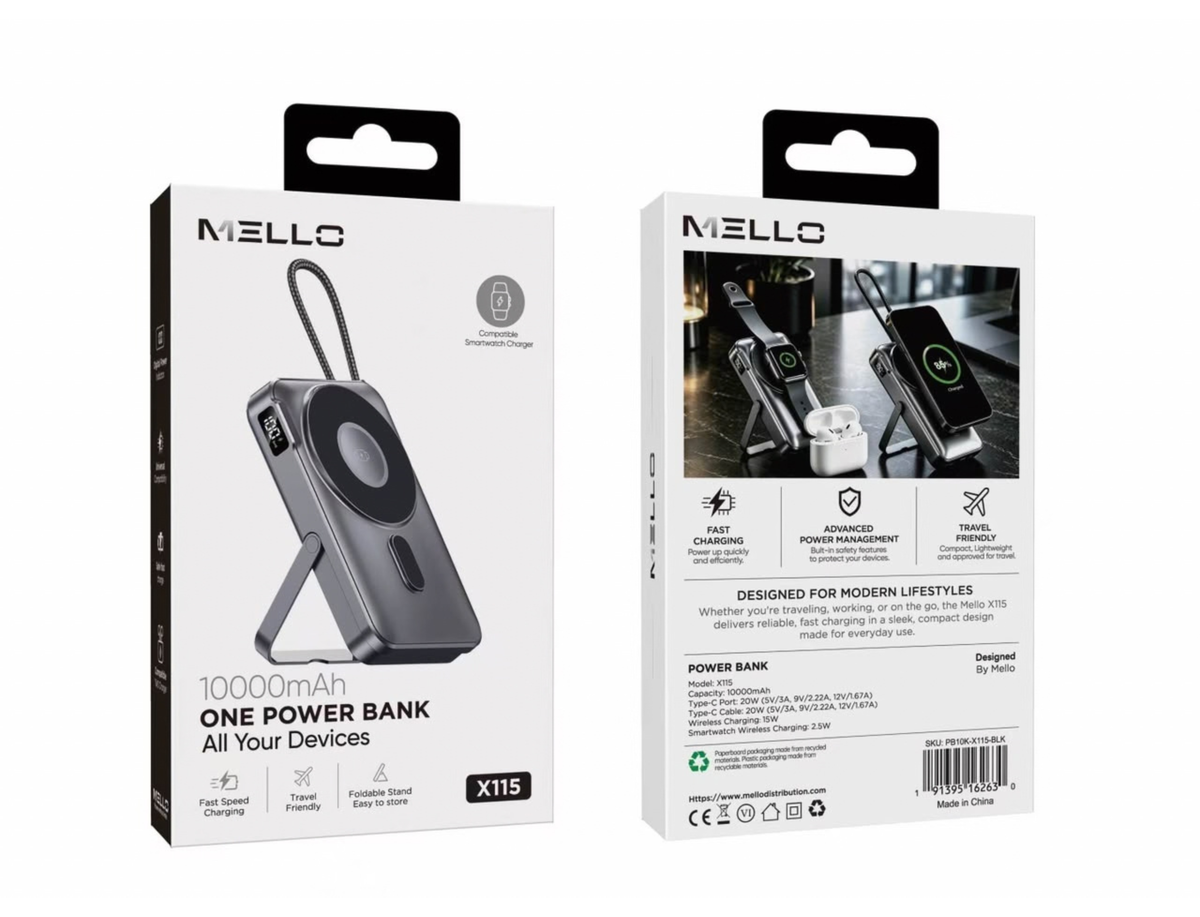 Mello Halo 10,000 mAh power bank with magnetic watch charger and kickstand, retail box front and back
