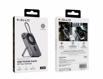Mello Halo 10,000 mAh power bank with magnetic watch charger and kickstand, retail box front and back