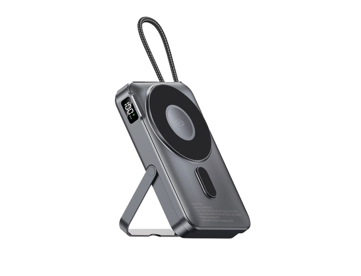 Mello Halo power bank standing on its kickstand with the built-in USB-C cable and digital display