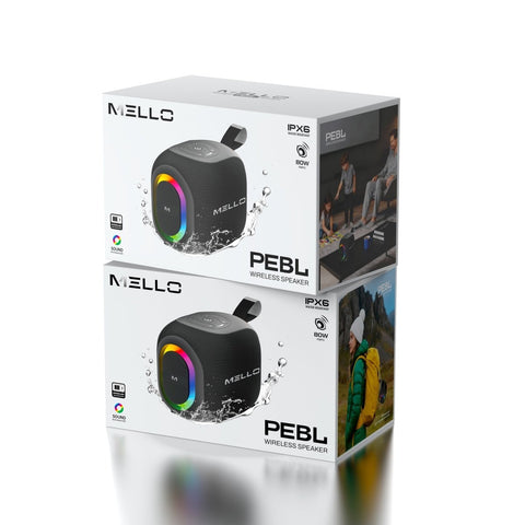 Mello Pebl 80W Mini Bluetooth Speaker – Compact IPX6 Wireless Speaker with RGB – retail box packaging, front and side panels