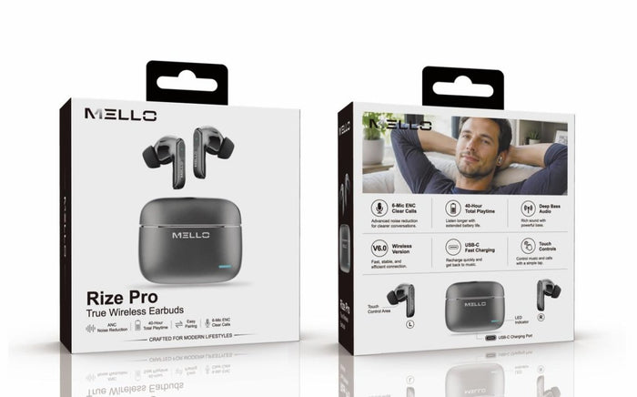 Mello Rize Pro True Wireless Earbuds – 6-Mic ENC, 40-Hour Playtime, Bluetooth 6.0, Black