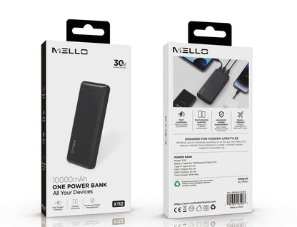 Mello Slate 10,000 mAh Slim Power Bank – USB-C + Dual USB-A, Black – in retail box, front and back