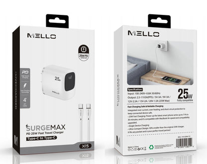 Mello SurgeMax X15 25W USB-C Wall Charger with 4ft USB-C Cable, White – in retail box, front and back