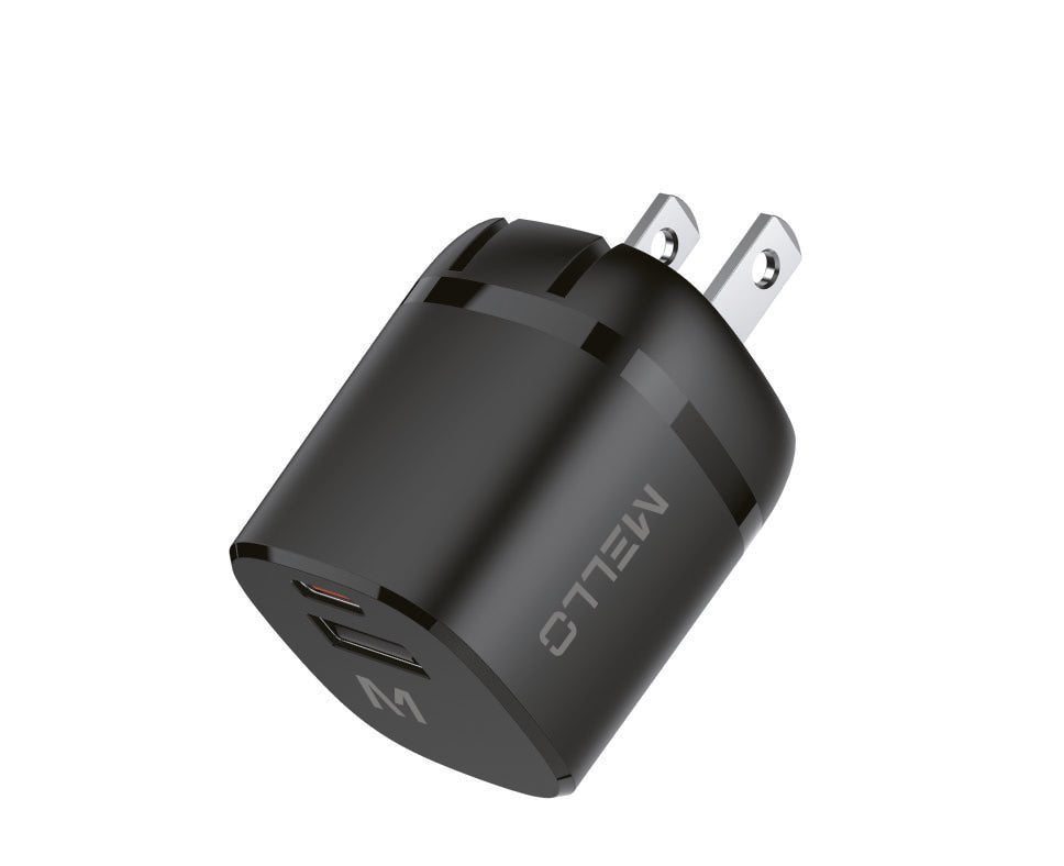 Mello SurgeMax X17 30W Wall Charger – USB-C + USB-A, Foldable Plug – angled view of black charger with foldable plug