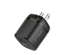 Mello SurgeMax X17 30W Wall Charger – USB-C + USB-A, Foldable Plug – angled view of black charger with foldable plug