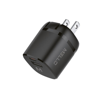 Mello SurgeMax X17 30W Wall Charger – USB-C + USB-A, Foldable Plug – angled view of black charger with foldable plug
