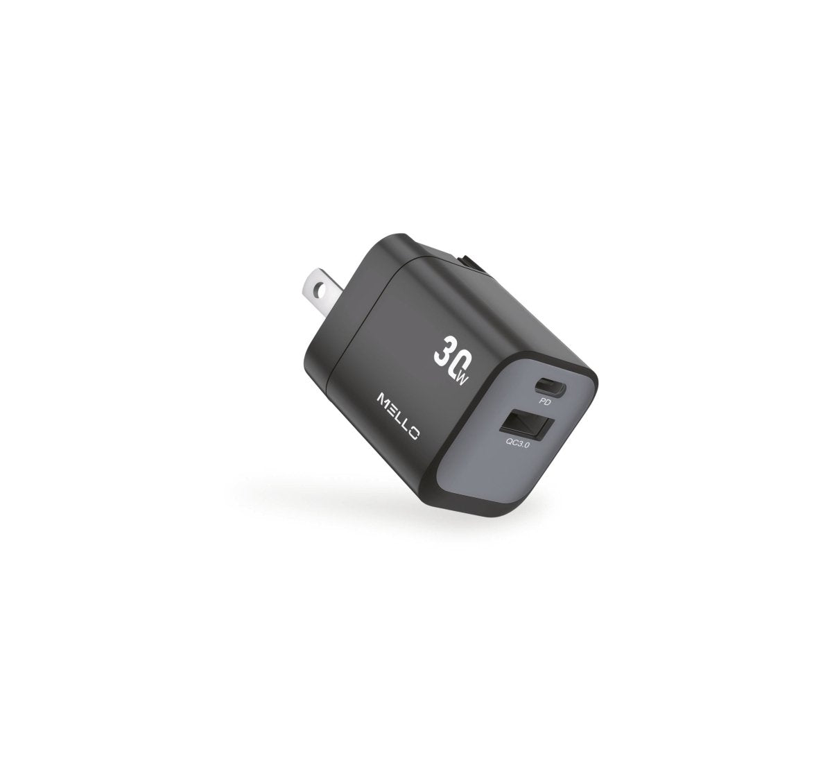 Mello SurgeMax X18 30W Mini Wall Charger – USB-C + USB-A – angled view of black mini charger