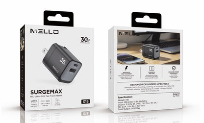 Mello SurgeMax X18 30W Mini Wall Charger – USB-C + USB-A – black charger in retail box, front and back